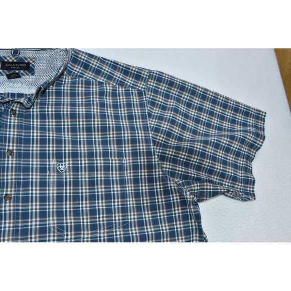 Ariat Pro Series Men's Shirt Size XXLT Navy Blue Plaid Short Sleeve Button Up - Picture 7 of 14